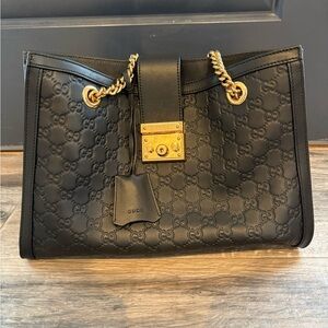 Gucci Black Embossed Leather Shoulder Bag with Gold Chain